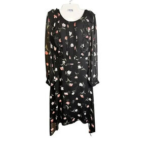 Lenon Chiffon Black Pink Floral Print Midi Dress Handkerchief Hem Women's S NWOT